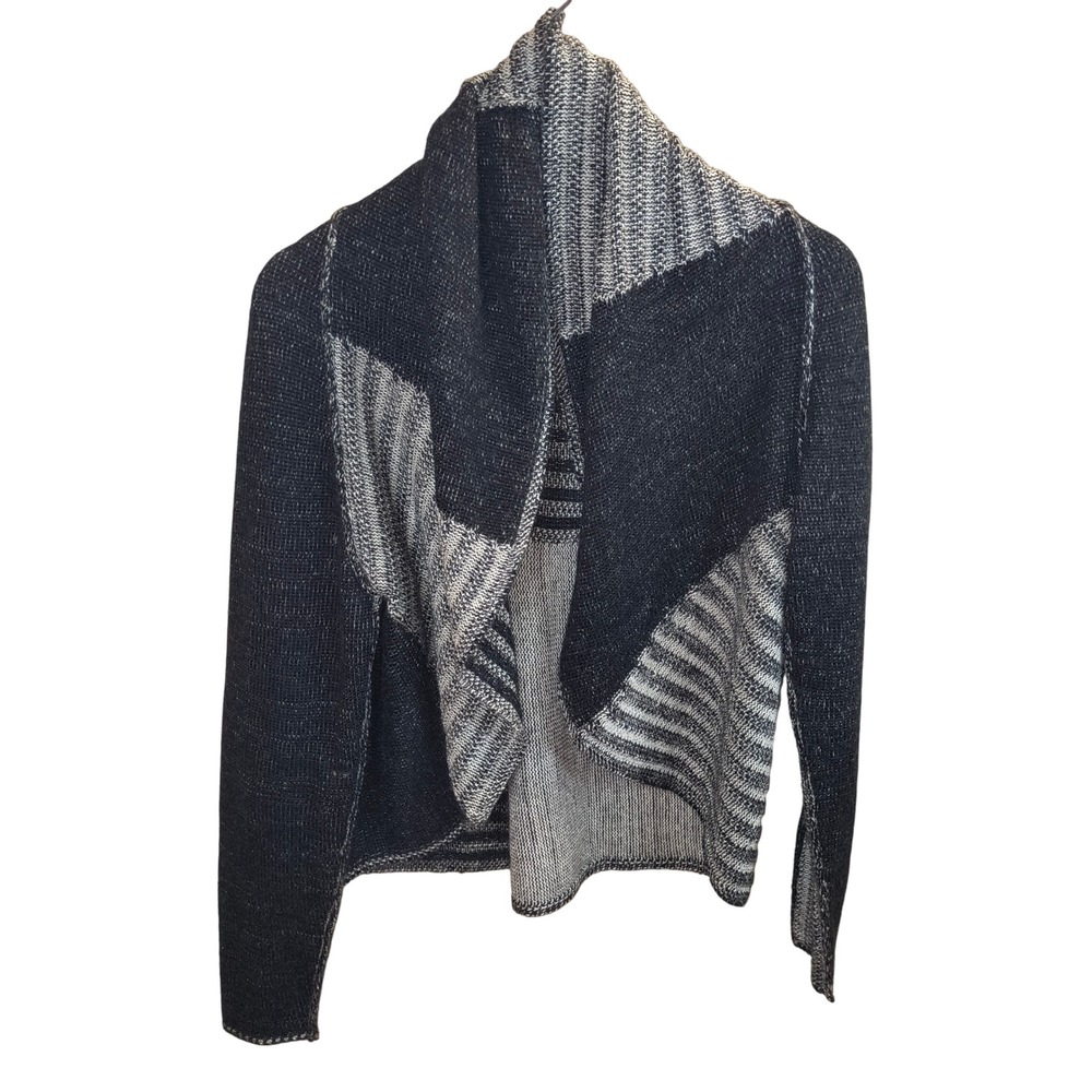 Cabi Gray Black Wool Blend‎ Patchwork Open Front Knit Cardigan Large L